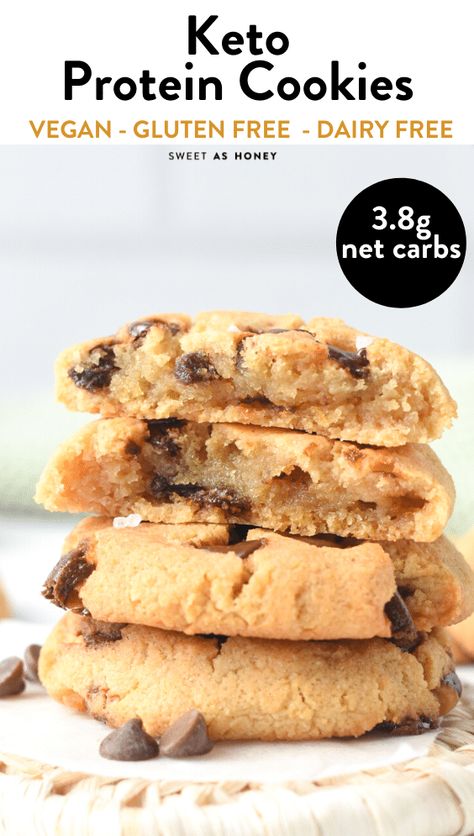 These easy Keto Protein Cookies are delicious crunchy chocolate chips cookies loaded with 7 g protein per serve and no added sugar. Bonus, these are vegan protein cookie too, made without eggs or dairy. Vegan Protein Cookies, Protein Chocolate Chip Cookies, Protein Powder Cookies, Protein Cookie Recipes, Baking With Protein Powder, Peanut Butter Protein Cookies, Crunchy Chocolate Chip Cookies, High Protein Cookies, Lowcarb Recipes