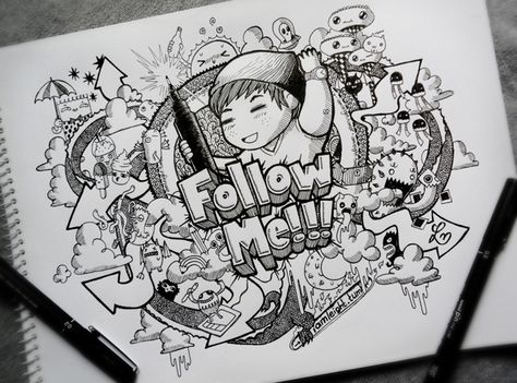 Follow Me by Lei Melendres, via @Behance Lei Melendres, Doodle Art Name, Doodle Name, Tattoo Studio Interior, Wall Paint Patterns, Alice In Wonderland Artwork, Calligraphy Doodles, Wonderland Artwork, Fairy Drawings