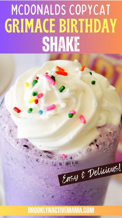 This Viral Mcdonald's Copycat Grimace Birthday Shake Recipe is so good and easy to make for anytime! Simple ingredients for a fun dessert. Grimace Shake Copycat, Diy Grimace Shake Recipe, Mcdonald’s Grimace Shake Recipe, Homemade Grimace Milkshake, Grimace Shake Recipe Diy, Mcdonalds Grimace Milkshake, Grimmish Shake, Grimace Birthday Shake Recipe, Grimes Shake Mcdonald's Recipe