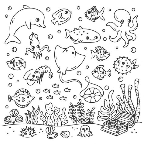 Premium Vector | Set of cartoon sea animals in doodle style Drawing Ideas Easy Sea Animals, Ocean Animals Doodles, Ocean Doodles Simple, Mermaid Cartoon Drawing, Underwater Doodles, Cute Sea Animals Drawing, Under The Sea Drawing, Ocean Animals Drawing, Sea Animals Drawing