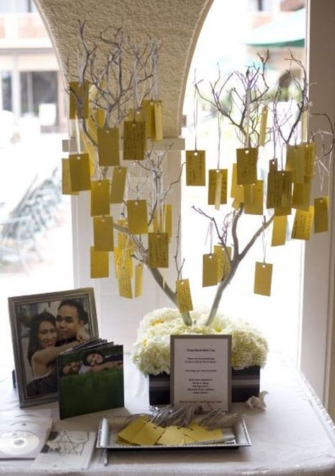 This wedding wish tree is a fun and romantic way for guest to share a little advice or wish the happy couple luck in the future! Plus you can save the tags and reread them on all your anniversaries to come! Found on The 530 Bride. 50th Wedding Anniversary Party, Unique Guest Book, 50th Anniversary Party, 60 Wedding Anniversary, Wishing Tree, Golden Wedding Anniversary, Memory Tree, Golden Anniversary, Wedding Anniversary Party