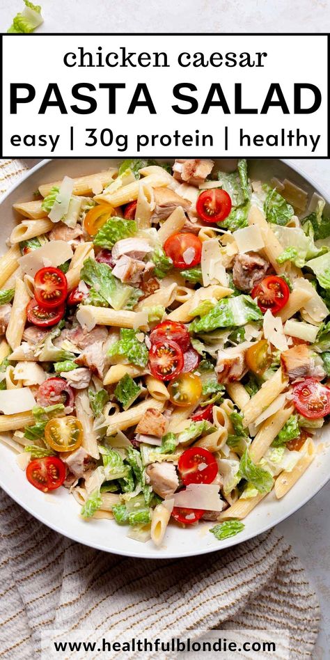 This high-protein chicken Caesar pasta salad recipe is healthy, packed with 30 grams of protein, and tossed in a low-fat Greek yogurt dressing without anchovies or mayo. You can use grilled, baked, or rotisserie chicken. An easy under 30-minute meal prep lunch and weeknight dinner. High Protein Chicken Caesar Salad, Pesto Pasta Chicken Caesar Salad, Chicken Ceasar Salad Pasta Salad, High Protein Ceaser Salad, Healthy Chicken Caesar Pasta Salad, Chicken Caesar Pasta Salad Meal Prep, Low Calorie Chicken Pasta Salad, Meal Prep Ceaser Salad, Low Cal High Protein Pasta Salad