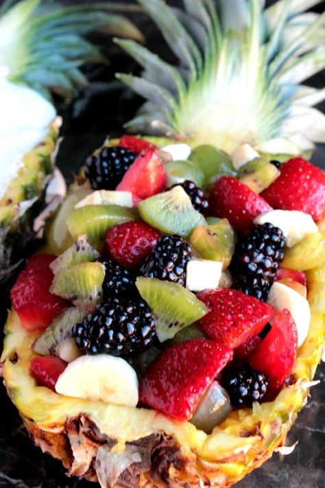 Jungle Pineapple Boat (Mixed Fruit Pineapple Boat & Pineapple Fruit Dip) - Big Bear's Wife Pineapple Fruit Dip, Healthy Potluck Recipes, Pineapple Boats, Healthy Potluck, Pineapple Bowl, Marshmallow Dip, Fruit Pineapple, Medicine Tips, Fresh Pineapple