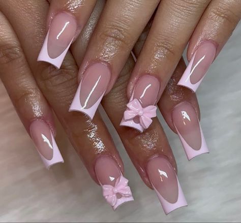 Long Pink French Tip Acrylic Nails, Pink Bow Nails Short, Nail With Bow Design, Pink French Tip Nails With Bow, Pink French Tip With Bow, Bow French Tip Nails, Nail Ideas Pink And White, Pink Nails Medium Length, Nails Acrylic With Initial