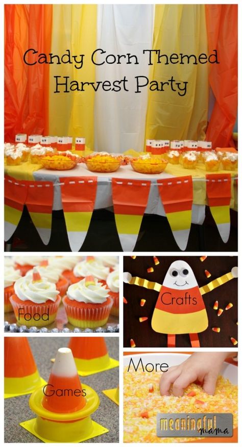 Candy Corn Themed School Harvest Party- Games, Decor, Activities Crafts, Food & More Harvest Party Games, Corn Theme, Corn Harvest, Fall Party Games, Fall Festival Games, Theme Party Ideas, Fall Harvest Party, Festival Games, Harvest Fest