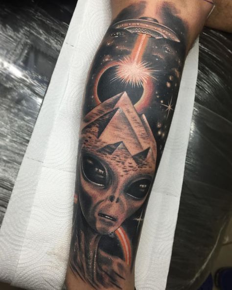 Egypt Tattoo Design, Inside Of Arm Tattoo, Egyptian Eye Tattoos, Pyramid Tattoo, Ufo Tattoo, Egyptian Tattoo Sleeve, Skull Hand Tattoo, Nature Tattoo Sleeve, Band Tattoos