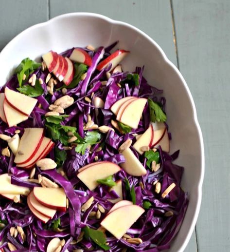 Purple Cabbage & Apple Salad - With Lemon Tahini Dressing - Cabbage-Based Salads - Kosher Recipe Cabbage Apple Salad, Warm Fall Salad, Purple Cabbage Recipes, Vibrant Salad, Cabbage Salad Recipe, Tahini Salad Dressing, Shabbat Recipes, Holidays Recipes, Kosher Cooking