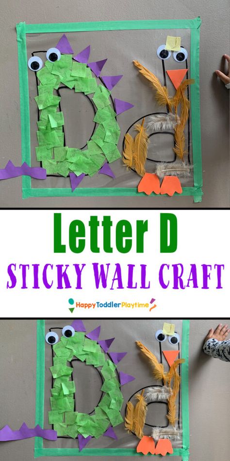 Letter D Sticky Wall Craft - Happy Toddler Playtime Letter D Infant Art, Letter D Activities For Preschool Crafts, D Crafts Preschool, D Is For Craft, Maps Preschool, Letter D Activities For Preschool, D For Dinosaur, Letter D Preschool, Letter D Craft