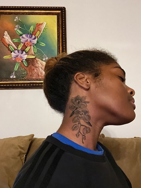 #orchids #flowertattoo #necktattoo #americantraditionaltattoos #jesstfang Orchid Tattoo Black Woman, Orchid Forearm Tattoo, Orchid Neck Tattoo, Flower Neck Tattoo, Side Neck Tattoo, Orchid Tattoo, Neck Tattoos Women, Women's Cover Up, Spine Tattoos