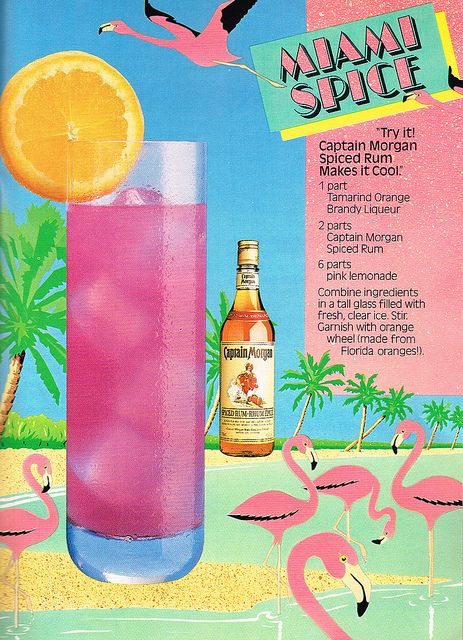 Miami Spice Cocktail - doesn't get more '80's than that! 80s Inspired Cocktails, Miami Vice Party, Vibe Party, Spiced Cocktail, 80s Birthday Parties, Miami Nights, Flamingo Tattoo, 1980s Party, Miami Party