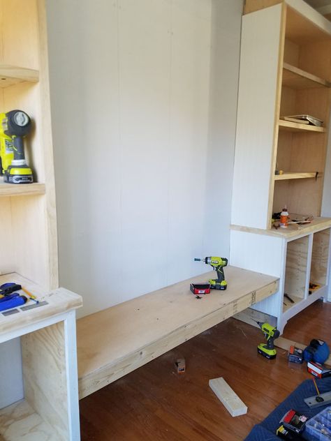 Closet Turned To Bench, Floating Bench Dining Room, Diy Built In Bookcase With Bench, Built Ins With Bench, Bench Between Cabinets, Bookshelf Into Bench, Bookcase With Bench, Diy Built In Bench With Storage Fireplace, Diy Window Bench With Storage Bookcases