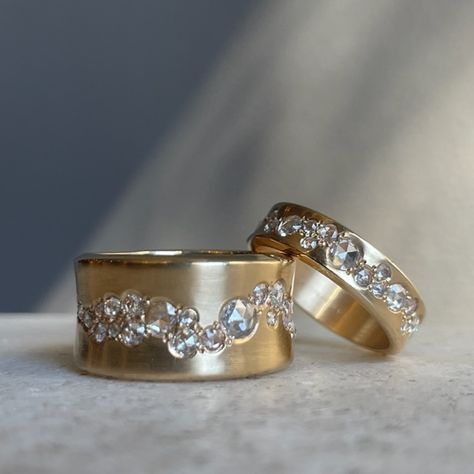 14k Wide Scattered Diamonds Band & 14k Narrow Scattered Diamonds Band by Nicole Landaw #nicolelandaw #futureheirlooms #augustla Remodeled Jewellery, Remodelled Jewellery, Unusual Diamond Rings, Thick Band Engagement Ring, Diamond Bubble Ring, Ring Redesign, Modern Diamond Rings, Cute Engagement Rings, Gold Diamond Band