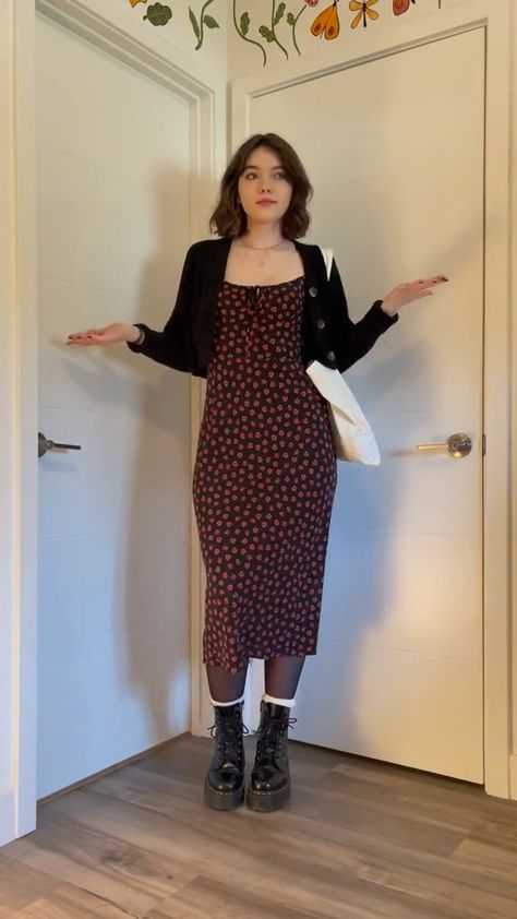 Floral Dress Autumn Outfit, Midi Dress And Sweater, Black Cardigan Dress Outfit, Cardigan Dress Outfit Winter, Tank Dress With Cardigan, Flower Dress With Cardigan, Cami Dress With Cardigan, Dress With Cardigan Aesthetic, Dress And Cardigan Outfit Aesthetic