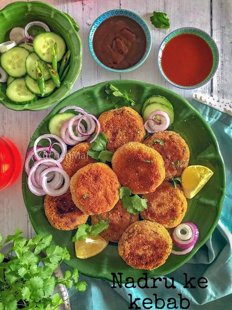 These are nadru ke kebab or lotus stem kebabs – a vegetarian Kashmiri recipe. These are so yummy that, I have been wishing I made these kebabs much earlier. Made with boiled lotus stems and combined with potatoes, Indian spices and herbs, these make for an amazing tea time snack #indianfoodrecipes #indianfood Lotus Stem Recipes Indian, Lotus Stem Recipe, Lotus Root Recipe, Kashmiri Recipes, Gosht Recipe, Indian Rice Recipes, Indian Appetizers, Tamarind Chutney, Kebab Recipes