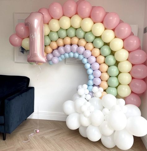 First Birthday Balloon Decorations, Birthday Rainbow Theme Decoration, Girl Cocomelon Party, Cocomelon Party Decorations, Rainbow 1st Birthday Party, Rainbow Balloon Garland, Time Budget, Rainbow Balloon Arch, Rainbow Themed Birthday Party