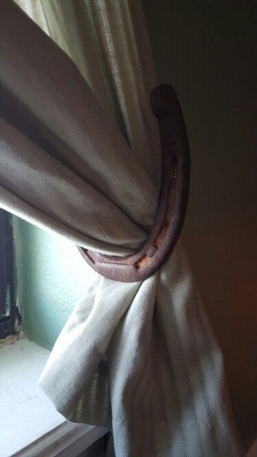 Horseshoe tie backs for curtains Horseshoe Curtain Tie Backs, Farmhouse Curtain Tie Backs, Tie Backs For Curtains, Western Curtains, Curtain Hangers, Farmhouse Curtains, Horse Diy, Styles Ideas, Curtain Ties