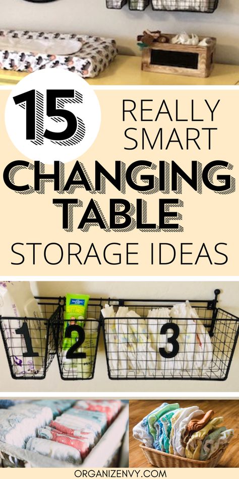 Images of organized changing tables and ideas for diaper storage in a baby nursery. Small Changing Table Organization, Changing Station Wall Storage, Changing Table Baskets, How To Organize Changing Table, Nursery Diaper Storage, Diy Changing Station, Changing Table Organization Baskets, Organizing Changing Table, Changing Table Organizer