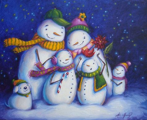 Snow Family Portrait - Alicia Young Art Snowman Family Painting, Painting Snowman, Snowmen Family, Winter Artwork, Fine Arts College, Snowman Family, Young Art, Family Painting, Creating Artwork