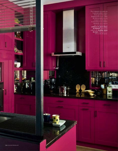 Bright Pink Kitchen Cabinets Painted in The Little Greene Mischief. Pink and black kitchen color scheme, bold kitchen colors. Red And Black Kitchen Ideas Modern, Dark Pink Kitchen Cabinets, Pink Black Kitchen, Tropigoth Decor, Dark Pink Kitchen, Pink And Black Kitchen, Magenta Kitchen, Hot Pink Kitchen, Pink Kitchen Cabinets