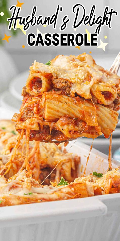 Discover the ultimate comfort food, Husband's Delight Casserole! This family-favorite recipe combines layered pasta, rich marinara sauce, and gooey melted cheese. This taste sensation is sure to delight everyone! Meals With Marinara Sauce, Recipes With Marinara Sauce Dinners, Uses For Marinara Sauce, Italian Hamburger Casserole Recipes, Hamburger Marinara Pasta Recipes, Ground Beef Casseroles Pasta, Husband Delight Casserole, Meat Lovers Tortellini Casserole, Italian Casserole Recipes