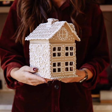 DIY Gingerbread House (Faux) - Chris Loves Julia Paper Mache Gingerbread House, Diy Fake Gingerbread House, Fake Gingerbread House Diy, Faux Gingerbread House Diy, Faux Gingerbread House, Diy Gingerbread House, Gingerbread Icing, Faux Gingerbread, Seasonal Quilts