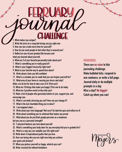 February Writing Prompts, February Writing, February Challenge, Self Love Self Care, Writing Support, Journal Questions, Journal Challenge, Daily Journal Prompts, Journal Lists