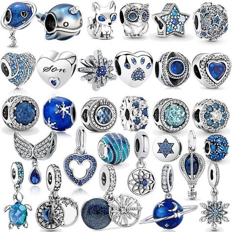 Blue And Silver Pandora Bracelet, Pandora Bracelet Blue Theme, Pandora Bracelet Charms Ideas Silver, Blue Pandora Charms, Pandora Charms Blue, Cute Pandora Charms, Blue Pandora Bracelet, Pandora Bracelet Ideas, Pandora Design