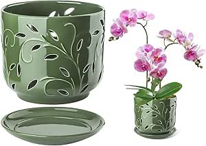 BUYMAX 6.9 Inch Orchid Pots with Holes & Saucers for Orchid Root Health, Ceramic Orchid Planter, Effective Drainage and Ventilation to Assist New Plants or Repotting - Patina Ceramic Orchid, Orchid Pots, Orchid Roots, Orchid Planters, Beginner Pottery, Orchid Pot, The Orchid, Ceramic Flower Pots, Orchid Care