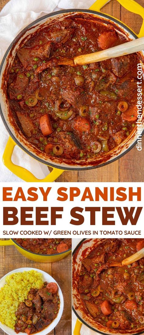 Spanish Beef Stew is a hearty one pot dinner with chuck roast slow cooked in a tomato sauce flavored with bell peppers, green olives, and Spanish paprika. #dinner #stew #beefstew #spanishbeefstew #greenolives #dinnerthendessert Dominican Beef Stew, Spanish Beef Stew, Spanish Stew, Slow Cook Beef Stew, Stew Crockpot, Classic Beef Stew, Crockpot Recipes Beef Stew, Crockpot Stew, Stew Meat Recipes