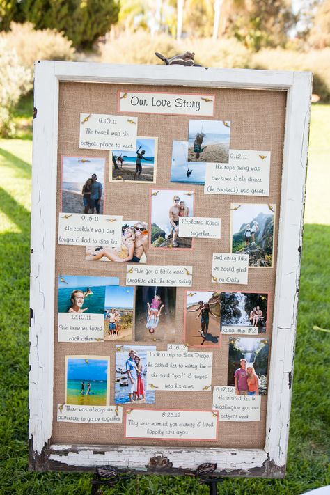 our love story board #FijiWedding Picture Board Wedding Receptions, Wedding Story Board Ideas, Our Love Story Wedding Sign Diy, Through The Years Wedding Display, Wedding Our Love Story, Our Love Story Wedding Display, Our Love Story Table Wedding Ideas, Our Story Board Wedding, Wedding Bulletin Board