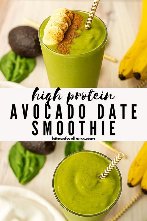 Avocado date smoothie with bananas in the background. Best Avocado Smoothie, Avocado Smoothie Recipe Healthy, Dates Smoothie Recipes, Date Smoothie Recipes, Caramel Milkshake, Avocado Milkshake, Green Smoothie Recipes Healthy, Fiber Smoothie, Best Vegan Protein Powder