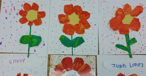 My students loved creating the flowers (Based on Eric Carle's book 'Tiny Seed').  First they painted  with orange and yellow paint on... The Tiny Seed Art Project, The Tiny Seed Craft Preschool, Tiny Seed Activities Eric Carle, The Tiny Seed Activities Kindergarten, Plant Craft Preschool, Growing Things Preschool Theme, The Tiny Seed Art, The Tiny Seed Activities Preschool, Tiny Seed Craft