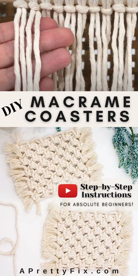 Using just 1 macrame knot, learn how to make these modern, boho-style macrame coasters. Full video instructions for absolute beginners. #diy #macrame Basic Macrame, Macrame Coasters, Crochet Macrame, Macrame Plant Hanger Tutorial, Simple Macrame, Macrame Knots Pattern, Diy Coasters, Macrame Knot, Macrame Patterns Tutorials