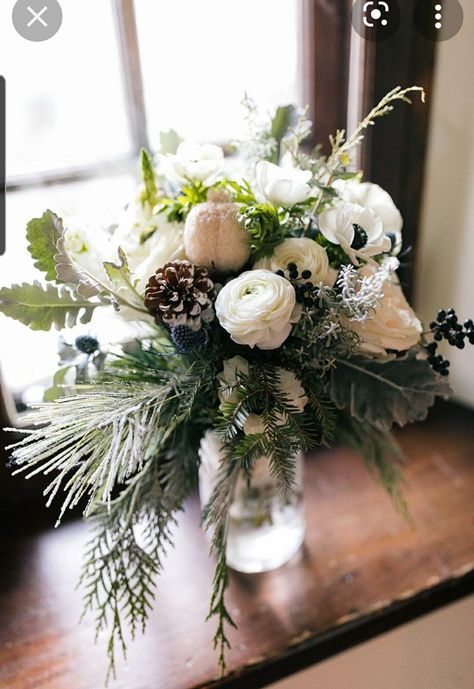 Pine And Roses Centerpiece, Pine Needle Bouquet, Mistletoe Wedding Decoration, Winter Flower Decor, Winter White Bouquet, Winter Flower Centerpieces, Winter White Floral Arrangements, Winter Flower Arrangements Centerpieces, January Flower Arrangements