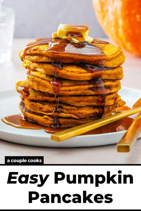 This pumpkin pancakes recipe makes tender, moist, and perfectly-spiced flapjacks! Serve with maple syrup for a cozy fall breakfast. #pumpkinpancakes #pancakes #pumpkinpancakesrecipe #pumpkinrecipe #fall #fallrecipe Pumpkin Pancakes Recipe, Classic Pancake Recipe, Fluffy Pumpkin Pancakes, Pumpkin Pancakes Easy, A Couple Cooks, Pumpkin Pancake Recipe, Pancake Toppings, Pumpkin French Toast, Vegan Recipes Plant Based