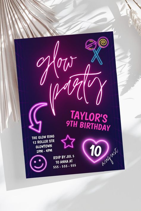 🏷️$1.98 📢Before Discount - 🎁 Glow Party Neon Birthday Party Invitation 🥳🎉🥂🎁🔥 neon party, glow party, neon theme, neon birthday invitations, neon birthday party, glow birthday party, teen girl birthday, pink and purple neon party, let's glow, neon invitation Birthday Party Teen Girl, Neon Birthday Invitations, Birthday Party Glow, Neon Birthday Party, Glow Birthday Party, Glow Birthday, Party Neon, Neon Birthday