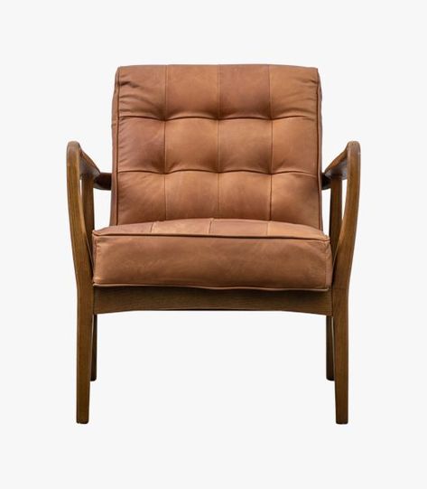 Brad Leather Armchair in Vintage Brown Scandi Armchair, Compact Armchair, Mid Century Accent Chair, Brown Leather Armchair, Feature Chair, Wooden Armchair, White Upholstery, Tufted Leather, Modern Style Homes