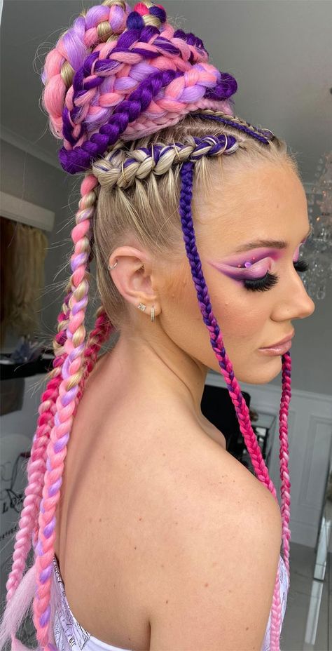 French Braid Hair Extensions, Cute Festival Hair, How To Festival Braids With Color Extensions, Festival Hair Braids Colorful, Hairstyles Festival, Blue Festival Braids, Festival Hair Trends, Colorful Braided Hair Extensions, Festival Hair Ideas