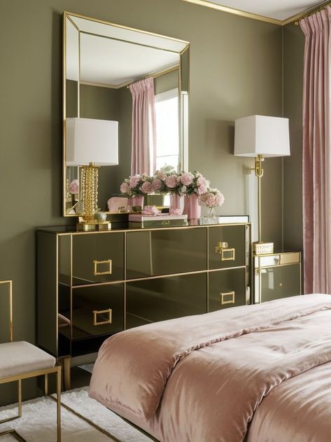 Green And Pink Bedroom Aesthetic, Olive Green And Pink Bedroom, Green Pink Bedroom, Japanese Themed Bedroom, Olive Green Duvet, Olive Green Rooms, Green And Pink Bedroom, Pink Bedroom Aesthetic, Green Room Decor