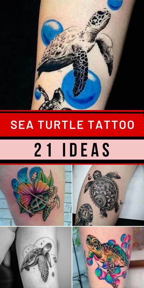 Unveil sea turtle tattoo designs that capture the tranquil and serene nature of these majestic creatures. These designs offer a representation of sea turtles that evokes a sense of calm and connection to the ocean's depths. Whether you choose a design with a sea turtle swimming gracefully or a depiction of a peaceful resting sea turtle, these tattoos embody the soothing energy of the sea. Realism Sea Turtle Tattoo, Watercolour Turtle Tattoo, Sea Turtle Family Tattoo Ideas, Sea Turtle Leg Tattoo, Turtle Tatoos Ideas, Sea Turtle Couple Tattoo, Sea Turtle Ocean Tattoo, 3d Turtle Tattoo, Colorful Turtle Tattoo