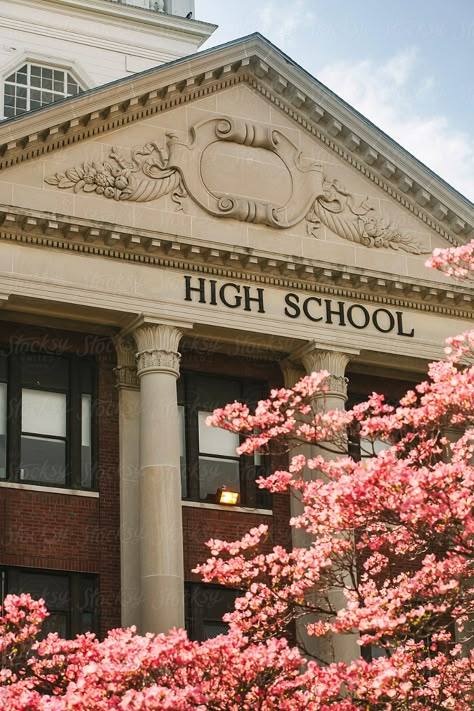 Stock Photo of High School Exterior with Spring Bloom Aesthetic Schools Exterior, Principal Aesthetic School, Aesthetic High School Exterior, American Highschool Exterior, American High School Aesthetic Classroom, American High School Exterior, Aesthetic School Exterior, School Photography Aesthetic, School Exterior Aesthetic