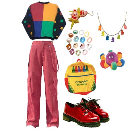 Colorful Vest Outfit, Dark Clowncore Aesthetic, Casual Clown Outfit, Kid Core Aesthetic Outfit, Loser Core Outfits, Clown Core Outfit, Clown Core Fashion, Clowncore Outfit, Kid Core Outfits