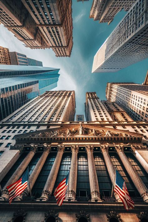 Low-angle view of imposing Wall Street buildings with American flags Wallstreet Bull, Photos Of New York City, Bull Statue, Charging Bull, Nyc Tours, Usa City, Financial District, New York Travel, Wall Street