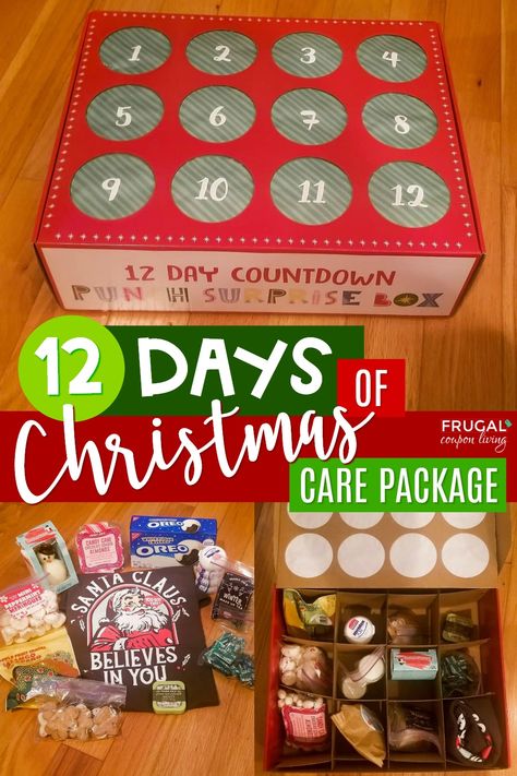 How fun is this 12 Days of Christmas Care Package for a College Student? Send a sweet Christmas punch box via USPS, FedEx or UPS delivery. It's a cute Punch Advent Calendar Idea that converts to 12 adorable Christmas gift ideas for college students. Fill with edible Christmas gifts or seasonal ideas. #FrugalCouponLiving #Carepackageideas #carecpackage #giftideas #giftideasforcollegestudents #adventcalendar #12daysofchristmas #giftideasforstudents #christmasgiftideas #punchboxMore Christmas Punch Box Diy, Christmas Box For College Student, 12 Days Of Christmas College Care Package, 12 Days Of Christmas Care Package, Punch Box Christmas Gift Ideas, Punch Gift Ideas, Christmas College Care Package Ideas, Missionary Advent Calendar Ideas, College Student Advent Calendar