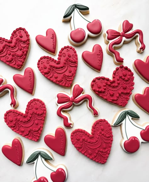 Can it just be Valentines Day already? 🍒 | Instagram Vintage Wedding Cookies, Cherry Cookies Decorated, Valentines Themed Bridal Shower Ideas, Rose Cookies Decorated, Cherry Sugar Cookies, French Valentines Day, Valentine Day Cake, Valentines Sugar Cookies, Valentines Day Inspiration