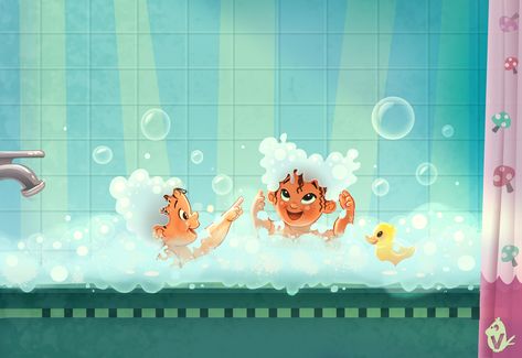 ArtStation - Bubble Bath Hairdos, Vipin Jacob Bathtub Illustration, Bath Illustration, Baby Bubble Bath, Book Illustration Design, Social Media Drawings, Story Books Illustrations, Up Animation, 동화 삽화, Elephant Illustration