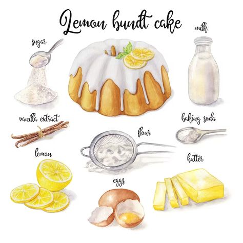 Baking Ingredients Drawing, Bundt Cake Illustration, Lemon Cake Illustration, Lemon Cake Drawing, Bundt Cake Drawing, Bundt Cake Aesthetic, Homemade Recipe Books, Homemade Cookbook, Recipe Drawing