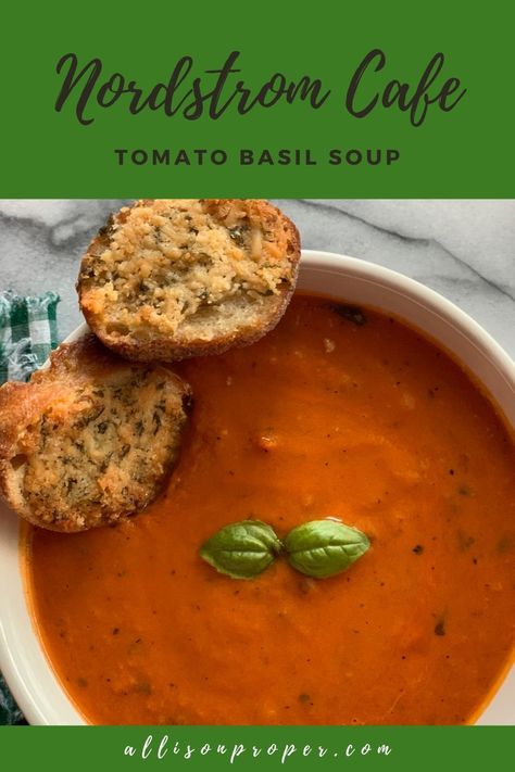 This is the exact recipe for Nordstrom Cafe's Tomato Basil Soup shared by their chef. Such a simple but very satisfying soup. Tomato Sauce Soup, Tomato Soup For Two, Tomato Recipes Crockpot, Tomato Soup Pairing, Best Tomato Basil Soup Recipe, Tomato And Basil Soup Recipe, Tomato And Basil Soup, Tomato Bisque Soup Recipe, Best Tomato Basil Soup