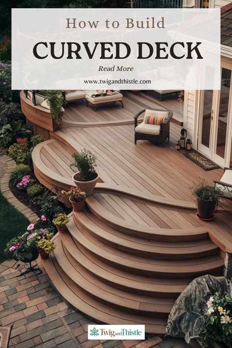 Enhance your backyard with these deck designs. Discover ideas that blend style and functionality seamlessly. #DeckDesigns #BackyardImprovement #DIYOutdoor #HomeDecor #OutdoorLiving Curved Decking, Backyard Deck Designs, Backyard Improvements, Curved Deck, Deck Bench, Decking Ideas, Deck Designs Backyard, Deck Designs, Outdoor Kitchen Patio