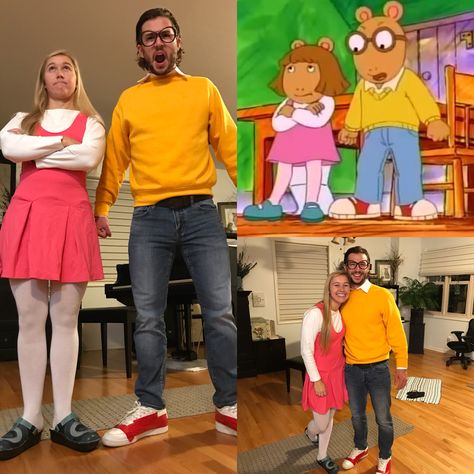 Arthur and DW PBS Kids costume. Easy DIY! Perfect for couples or kids. Book character costume. Arthur Couples Costume, Arthur Dw Costume, Arthur And Buster Costume, Arthur Costume Diy, Dw Arthur Halloween Costume, Cartoon Characters Dress Up, Arthur And Dw Costume, Easy Tv Character Costumes, Dw Costumes